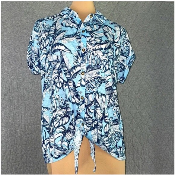NWT All in Love Top button up shirt Blue size small White Short Sleeve Hawaiian - Picture 2 of 8